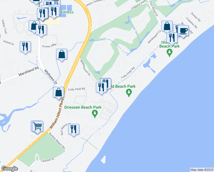 map of restaurants, bars, coffee shops, grocery stores, and more near 43 Folly Field Road in Hilton Head Island