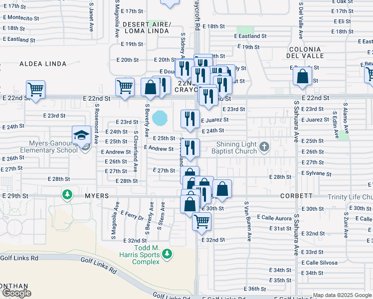 map of restaurants, bars, coffee shops, grocery stores, and more near 1440 South Craycroft Road in Tucson