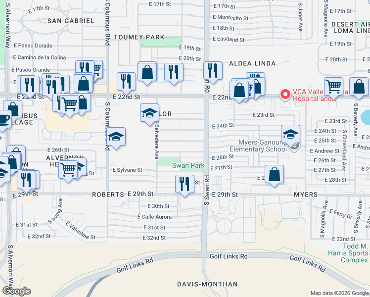 map of restaurants, bars, coffee shops, grocery stores, and more near 4642 East 25th Street in Tucson