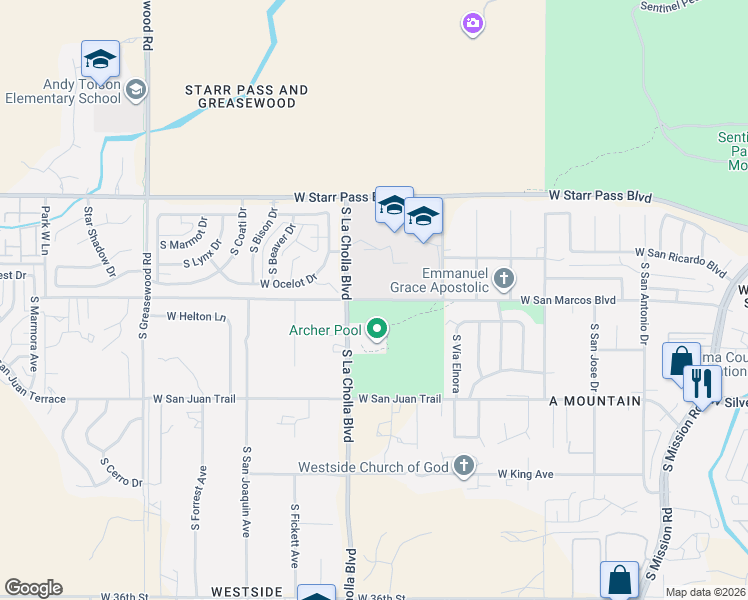 map of restaurants, bars, coffee shops, grocery stores, and more near West San Marcos Boulevard in Tucson