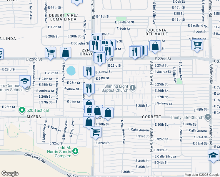 map of restaurants, bars, coffee shops, grocery stores, and more near 5626 East 25th Street in Tucson