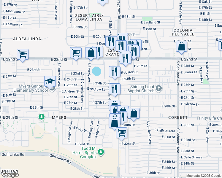 map of restaurants, bars, coffee shops, grocery stores, and more near 1440 South Craycroft Road in Tucson