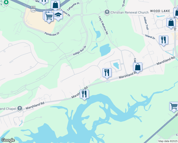 map of restaurants, bars, coffee shops, grocery stores, and more near 34 Sussex Lane in Hilton Head Island