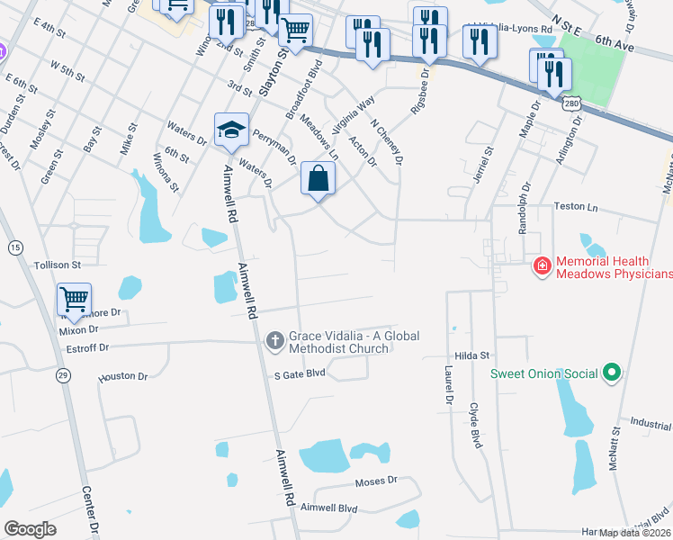 map of restaurants, bars, coffee shops, grocery stores, and more near 1507 South Bobby Drive in Vidalia