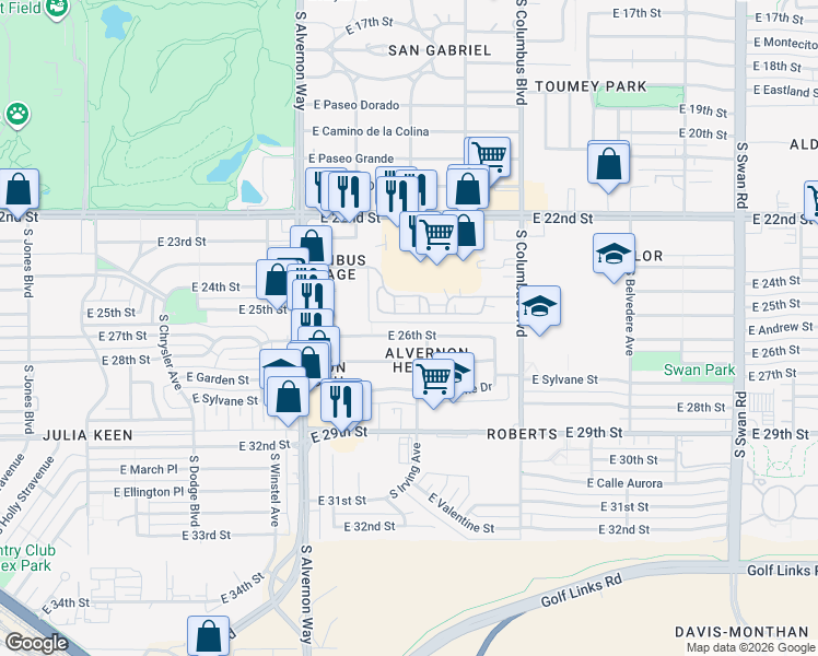 map of restaurants, bars, coffee shops, grocery stores, and more near 4092 East 25th Street in Tucson