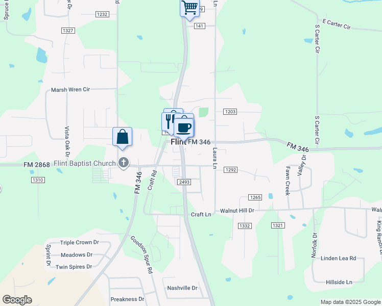 map of restaurants, bars, coffee shops, grocery stores, and more near 10766 County Road 169 in Flint