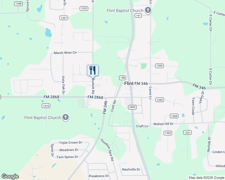 map of restaurants, bars, coffee shops, grocery stores, and more near 19020 County Road 1202 in Flint