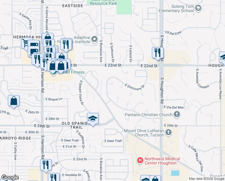 map of restaurants, bars, coffee shops, grocery stores, and more near 9925 East Troy Place in Tucson