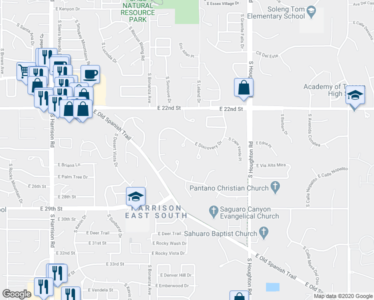 map of restaurants, bars, coffee shops, grocery stores, and more near 1415 South Brittany Place in Tucson