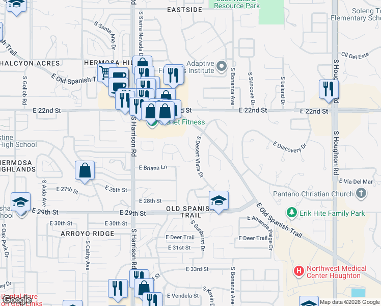 map of restaurants, bars, coffee shops, grocery stores, and more near 9687 East Laurel Ridge Drive in Tucson