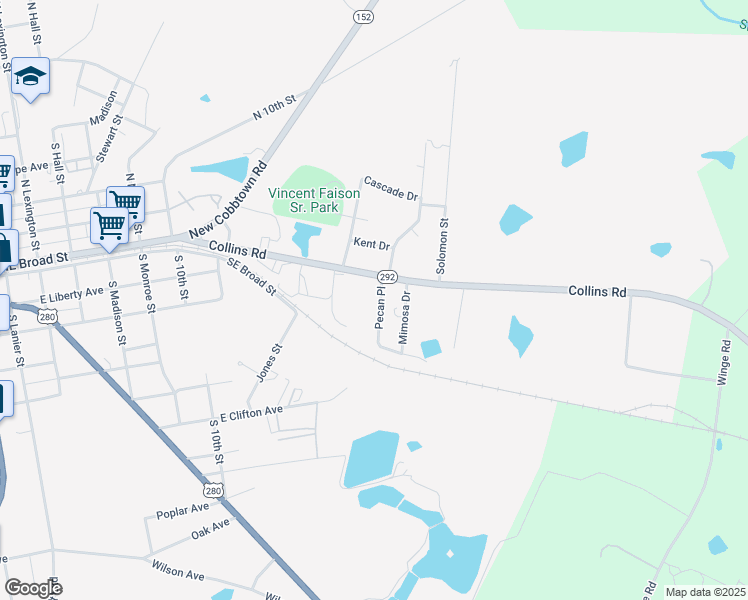 map of restaurants, bars, coffee shops, grocery stores, and more near 128 Pecan Place in Lyons