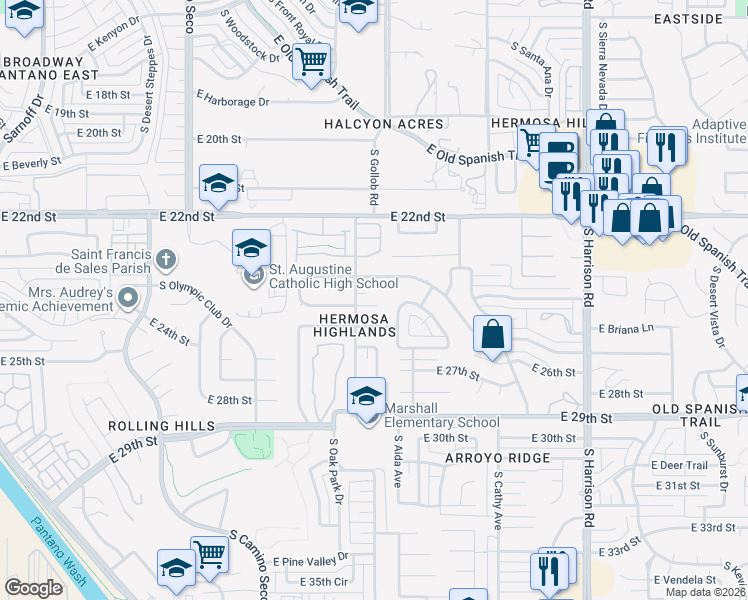 map of restaurants, bars, coffee shops, grocery stores, and more near 9050 East Palm Tree Drive in Tucson