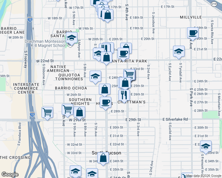 map of restaurants, bars, coffee shops, grocery stores, and more near 1509 South 6th Avenue in Tucson