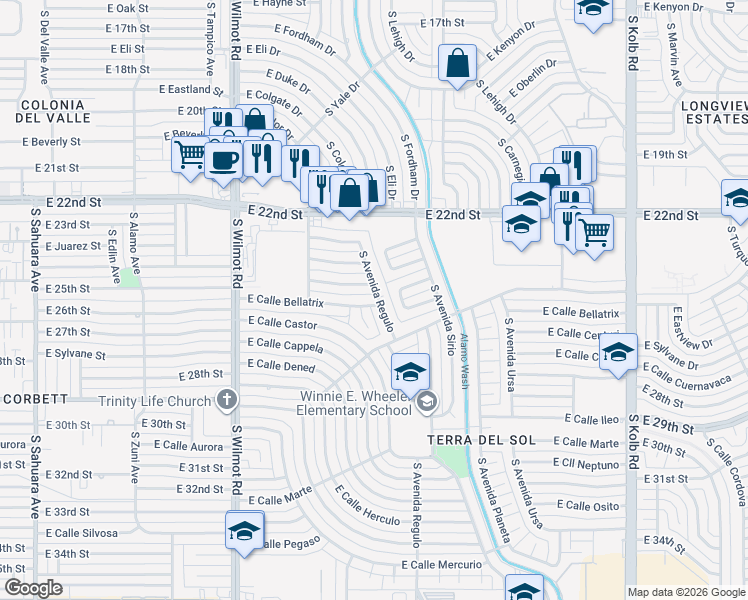 map of restaurants, bars, coffee shops, grocery stores, and more near 1441 South Avenida Regulo in Tucson