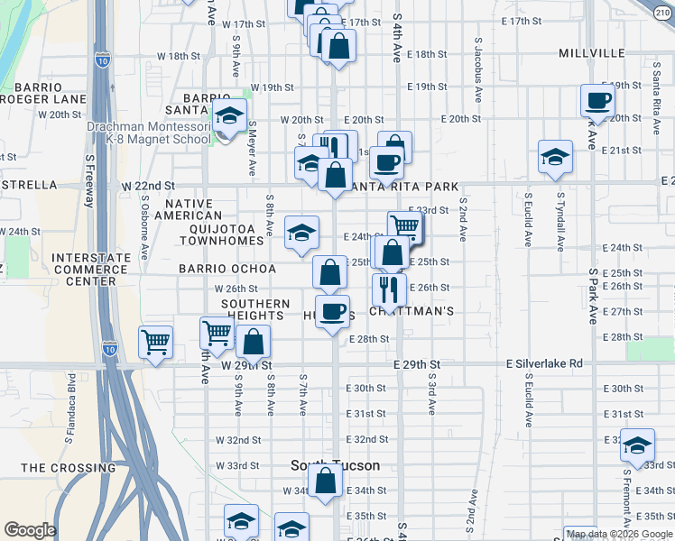 map of restaurants, bars, coffee shops, grocery stores, and more near 1509 South 6th Avenue in Tucson
