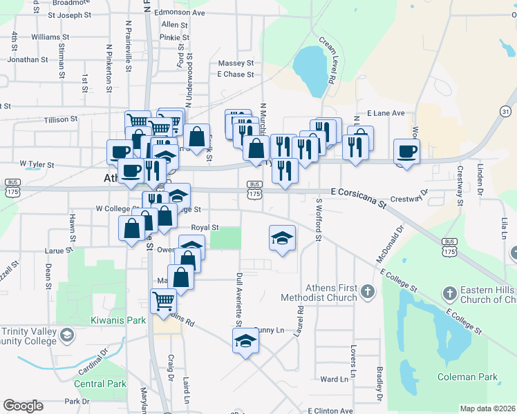 map of restaurants, bars, coffee shops, grocery stores, and more near 611 East College Street in Athens