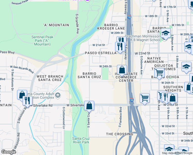 map of restaurants, bars, coffee shops, grocery stores, and more near 931 West 25th Street in Tucson