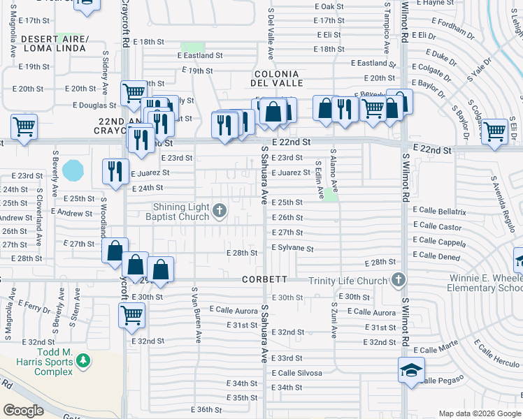 map of restaurants, bars, coffee shops, grocery stores, and more near 1516 South Sahuara Avenue in Tucson