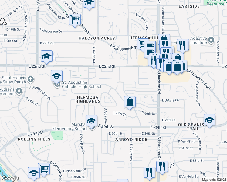 map of restaurants, bars, coffee shops, grocery stores, and more near 9206 East Palm Tree Drive in Tucson