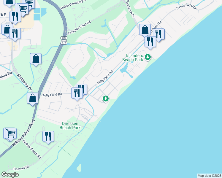 map of restaurants, bars, coffee shops, grocery stores, and more near 21 Sand Dollar Road in Hilton Head Island