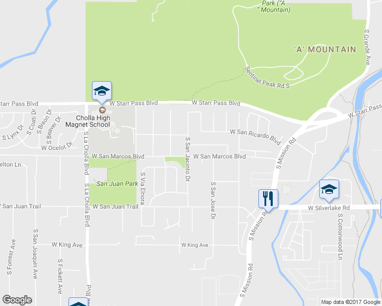 map of restaurants, bars, coffee shops, grocery stores, and more near 1756 West San Marcos Boulevard in Tucson