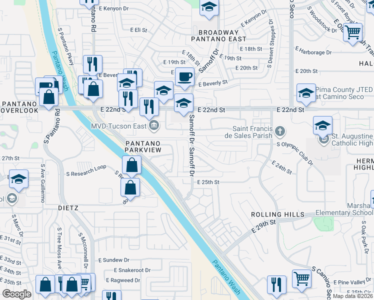 map of restaurants, bars, coffee shops, grocery stores, and more near 1421 South Perlman Avenue in Tucson