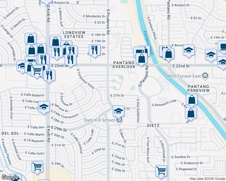 map of restaurants, bars, coffee shops, grocery stores, and more near 7512 East 25th Street in Tucson