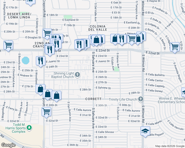 map of restaurants, bars, coffee shops, grocery stores, and more near 1516 South Sahuara Avenue in Tucson