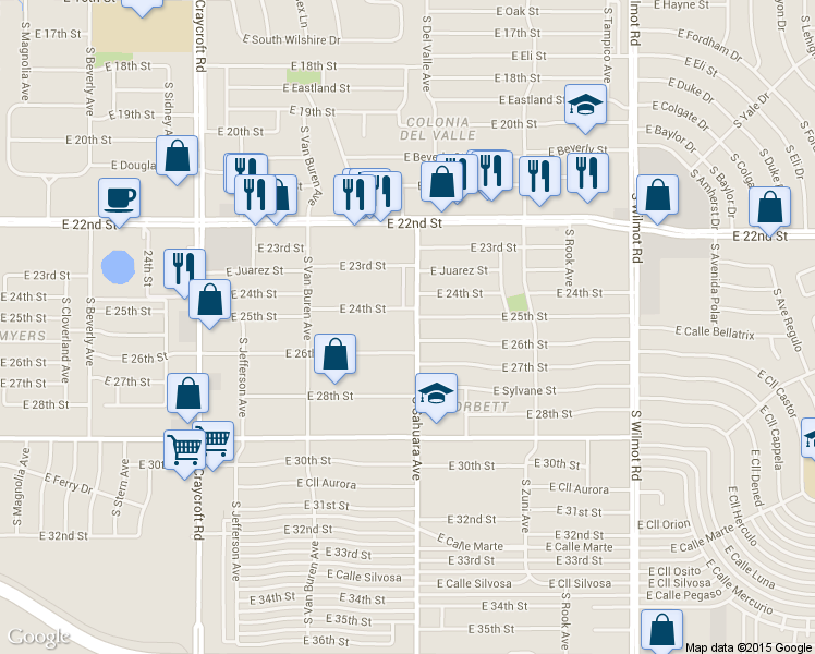 map of restaurants, bars, coffee shops, grocery stores, and more near 1516 South Sahuara Avenue in Tucson