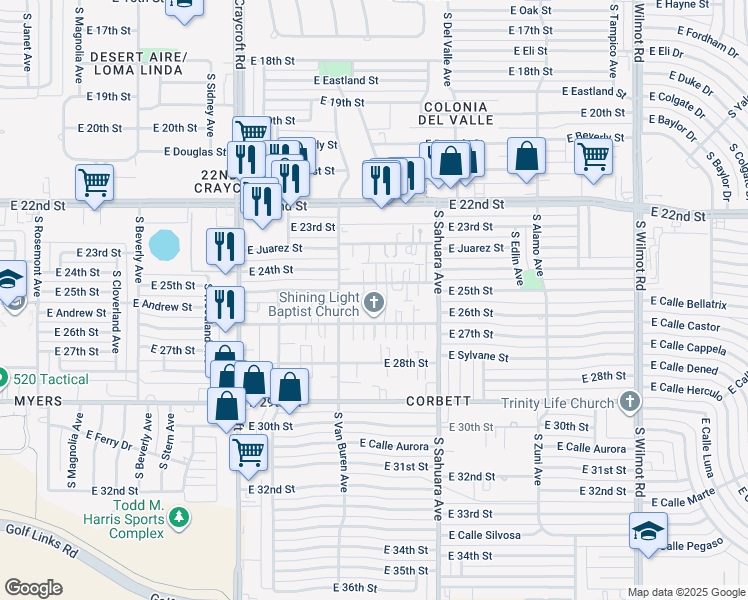map of restaurants, bars, coffee shops, grocery stores, and more near 5724 East 24th Street in Tucson