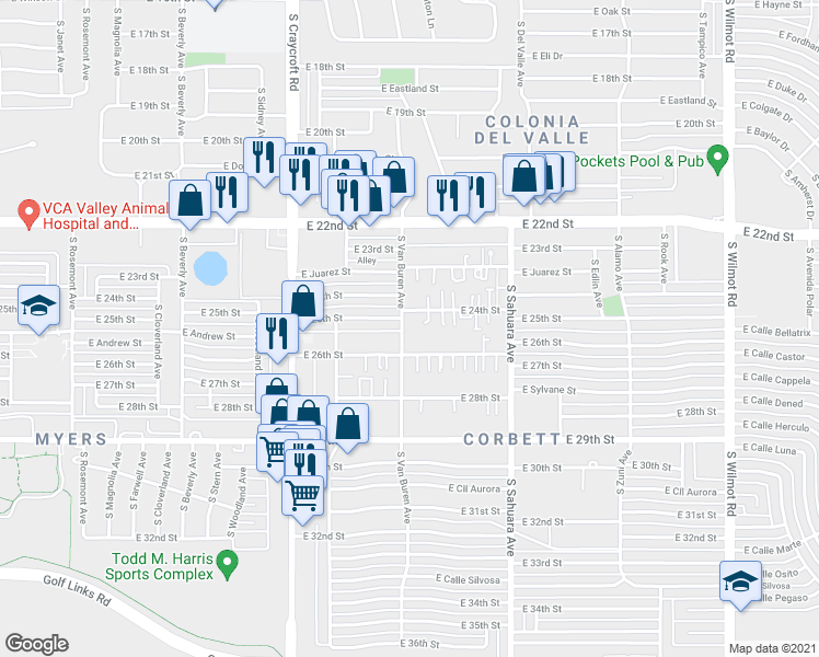 map of restaurants, bars, coffee shops, grocery stores, and more near 5674 East 25th Street in Tucson