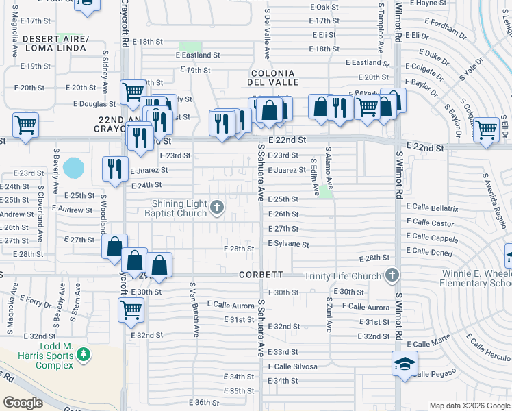 map of restaurants, bars, coffee shops, grocery stores, and more near 1516 South Sahuara Avenue in Tucson
