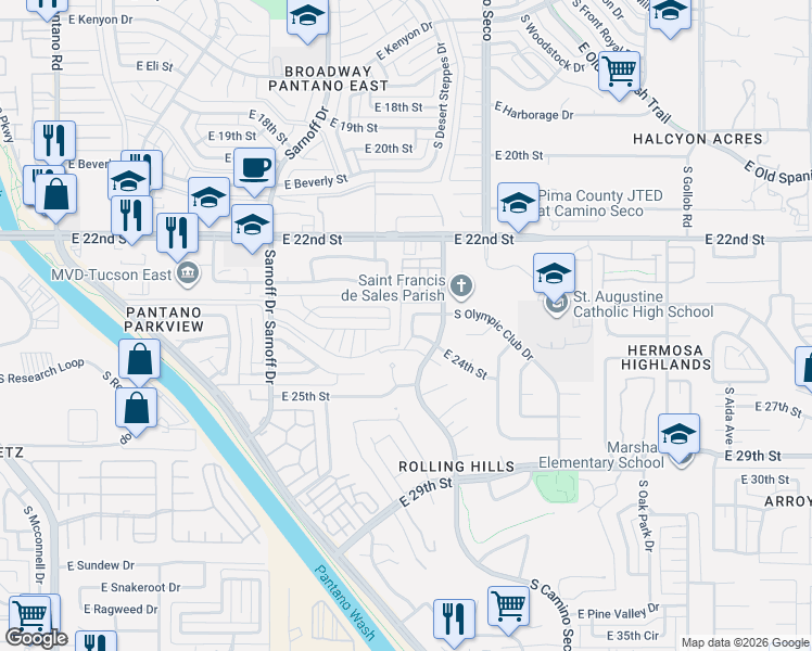 map of restaurants, bars, coffee shops, grocery stores, and more near 8532 East 23rd Street in Tucson
