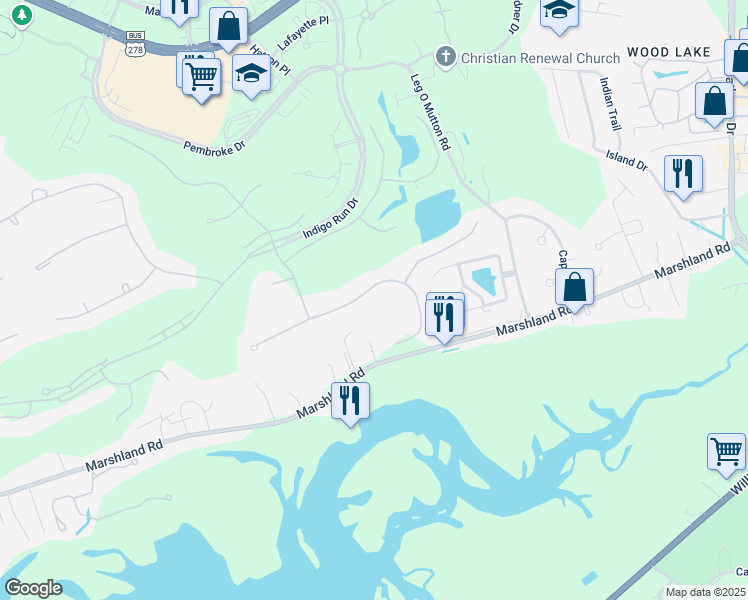 map of restaurants, bars, coffee shops, grocery stores, and more near 34 Sussex Lane in Hilton Head Island
