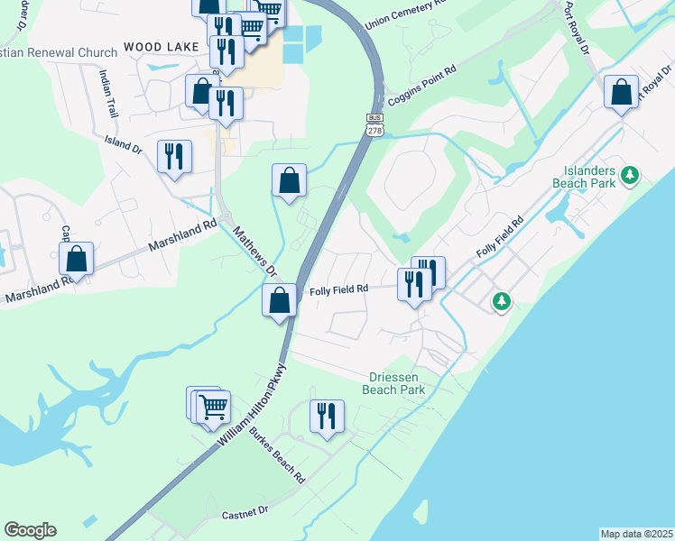 map of restaurants, bars, coffee shops, grocery stores, and more near 8 Azalea Street in Hilton Head Island