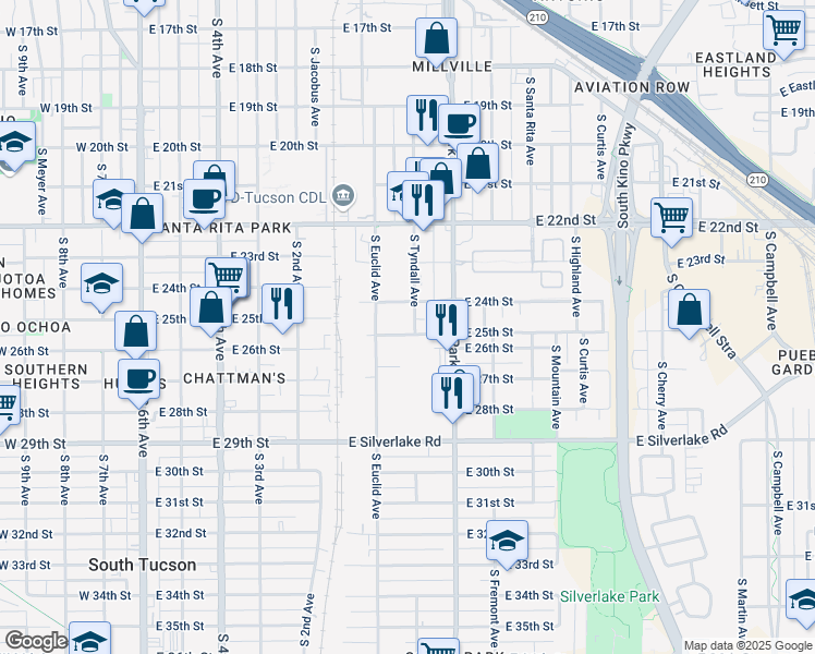 map of restaurants, bars, coffee shops, grocery stores, and more near 1440 South Tyndall Avenue in Tucson