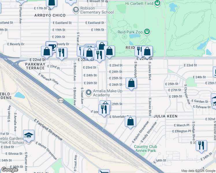 map of restaurants, bars, coffee shops, grocery stores, and more near 3102 East 26th Street in Tucson