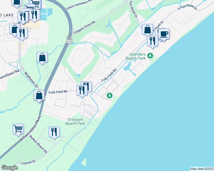 map of restaurants, bars, coffee shops, grocery stores, and more near 15 Moonshell Road in Hilton Head Island