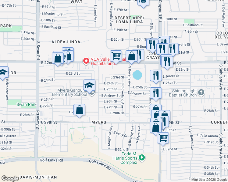map of restaurants, bars, coffee shops, grocery stores, and more near 5202 East 25th Street in Tucson
