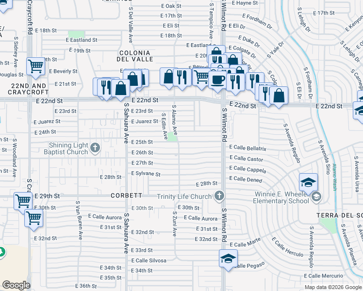 map of restaurants, bars, coffee shops, grocery stores, and more near 6062 East 25th Street in Tucson