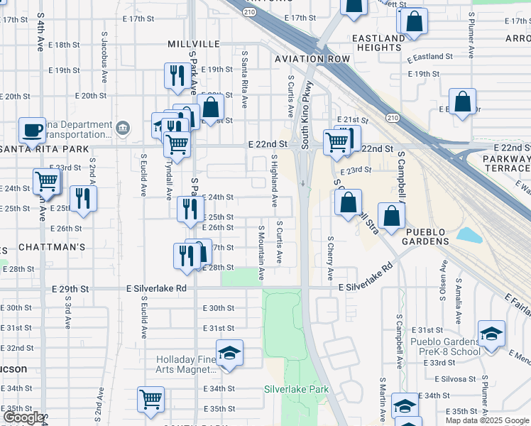map of restaurants, bars, coffee shops, grocery stores, and more near 1253 East 25th Street in Tucson