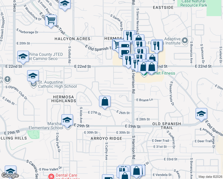 map of restaurants, bars, coffee shops, grocery stores, and more near 9361 East Pikes Peak Drive in Tucson