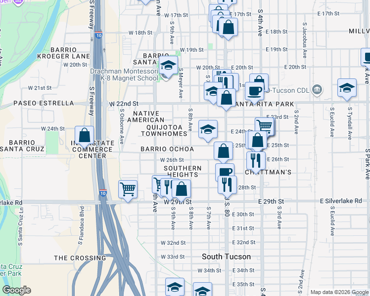 map of restaurants, bars, coffee shops, grocery stores, and more near 207 West 25th Street in Tucson