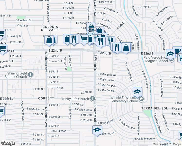 map of restaurants, bars, coffee shops, grocery stores, and more near 6262 East 25th Street in Tucson