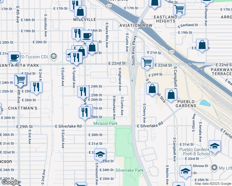map of restaurants, bars, coffee shops, grocery stores, and more near 1253 East 25th Street in Tucson