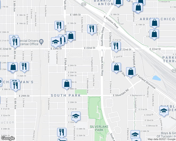 map of restaurants, bars, coffee shops, grocery stores, and more near 1253 East 25th Street in Tucson