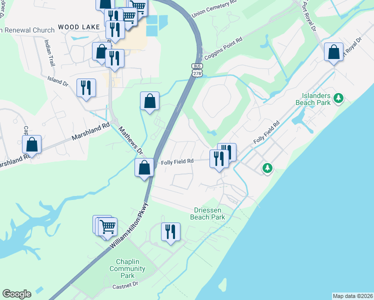 map of restaurants, bars, coffee shops, grocery stores, and more near 7 Gardenia Street in Hilton Head Island