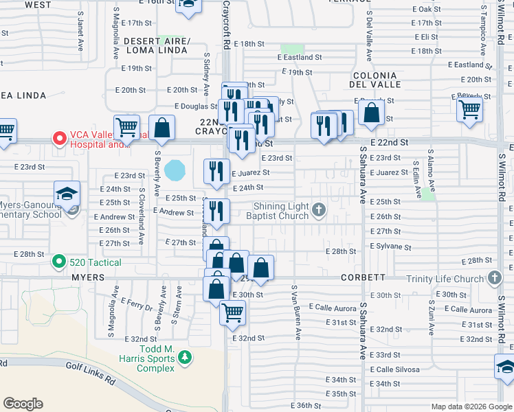 map of restaurants, bars, coffee shops, grocery stores, and more near 5626 East 25th Street in Tucson