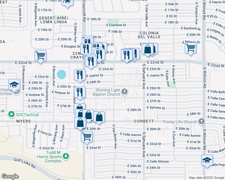 map of restaurants, bars, coffee shops, grocery stores, and more near 5674 East 25th Street in Tucson