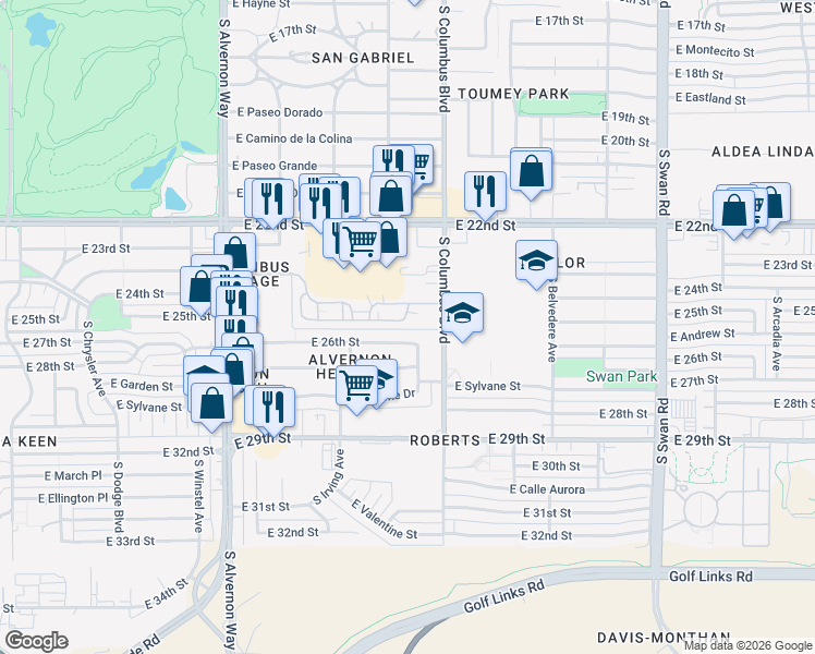 map of restaurants, bars, coffee shops, grocery stores, and more near 4222 East 25th Street in Tucson